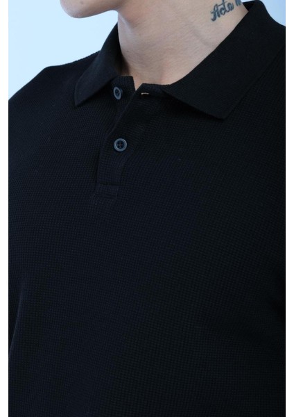 Js Polo Yaka Düğmeli Waffle Sweat Siyah