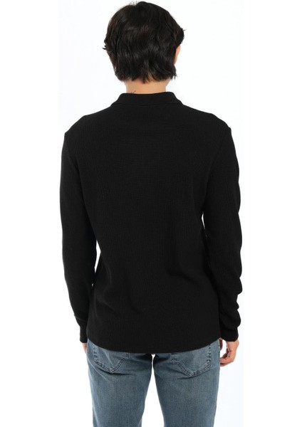 Js Polo Yaka Düğmeli Waffle Sweat Siyah