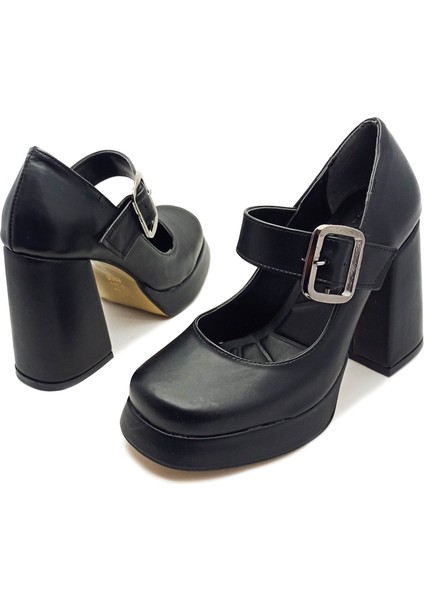 Siyah Renk Bantlı Kalın Yüksek Topuk Platform Taban Kadın Abiye Ayakkabı