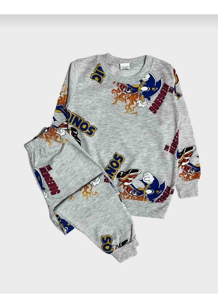 Erkek Çocuk Gri Uzun Kollu Mevsimlik Sonic Desenli Pijama Takımı