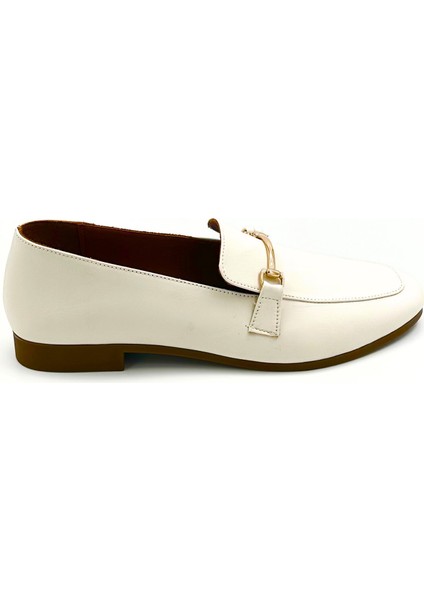 Krem Deri Düz Loafer