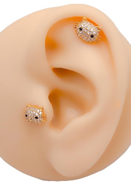 Cerrrahi Çelik Zirkon Taşlı Kitty (Minnoş Kedi) Kıkırdak Tragus Helix Piercing (1 Adet)