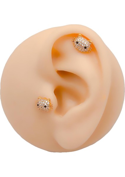 Cerrrahi Çelik Zirkon Taşlı Kitty (Minnoş Kedi) Kıkırdak Tragus Helix Piercing (1 Adet)