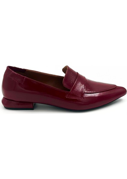 Bordo Kırışık Rugan Düz Topuklu Loafer Ayakkabı
