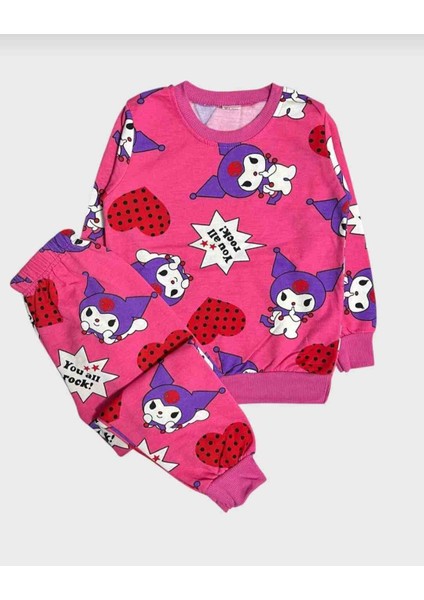 Kız Çocuk Pembe Uzun Kollu Mevsimlik Kuromi Desenli Pijama Takımı