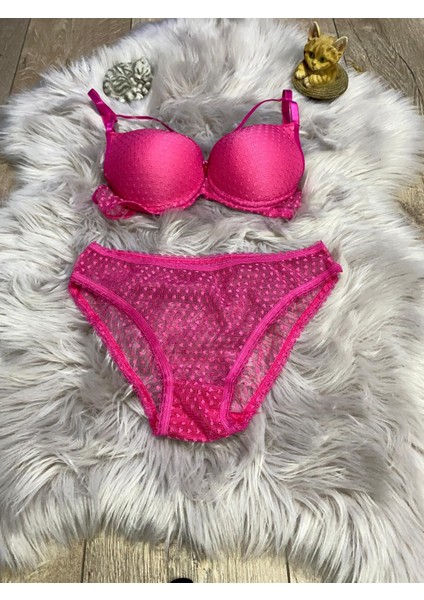 Pembe Tam Desenli Destekli Dolgulu Kadın Iç Çamaşır Takımı