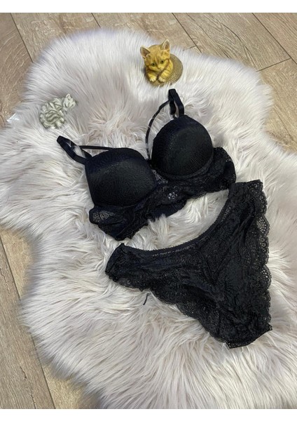 Siyah Tam Desenli Destekli Kadın Iç Çamaşır Takımı