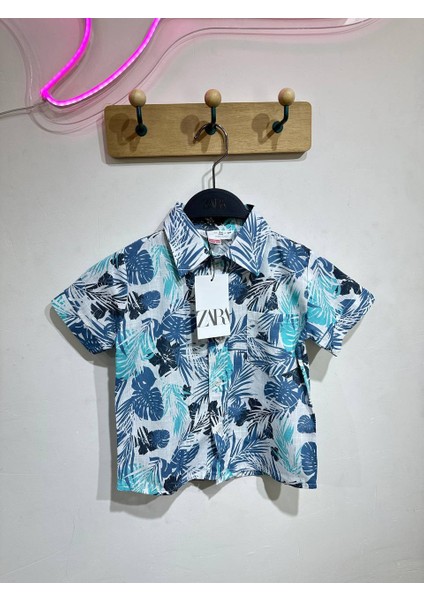 Erkek Çocuk Hawaii Desenli Keten Mavi Gömlek