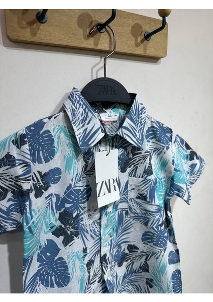 Erkek Çocuk Hawaii Desenli Keten Mavi Gömlek