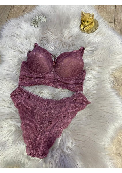 Mor Tam Desenli Destekli Dolgulu Kadın Iç Çamaşır Takımı