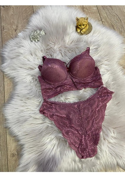 Mor Tam Desenli Destekli Dolgulu Kadın Iç Çamaşır Takımı modelleri