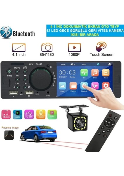 4.1 Inç Dokunmatik Ekran Oto Teyp + 12 LED Gece Görüş Geri Vites Kamera Ikisi Bir Arada Uyumlu