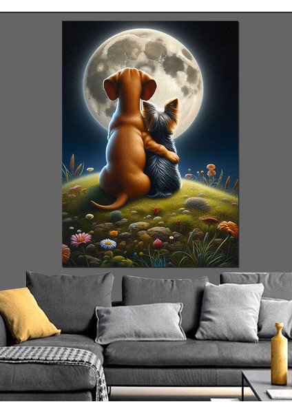 Aya Seyreden Dost Köpekler Dekoratif Kanvas - Mdf Ahşap Tablo fiyatları