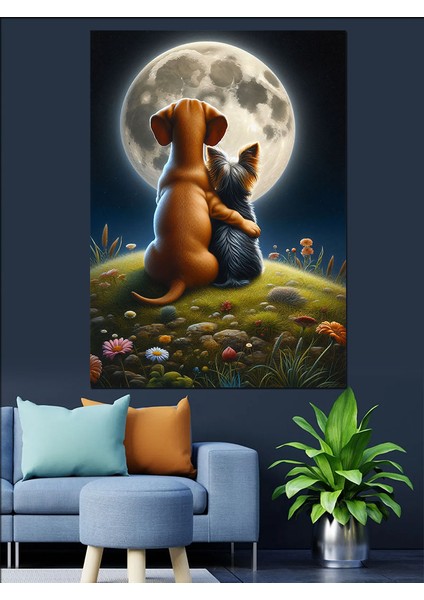 Aya Seyreden Dost Köpekler Dekoratif Kanvas - Mdf Ahşap Tablo fırsatları