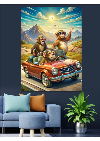 Araba Kullanan Maymunlar Dekoratif Kanvas - Mdf Ahşap Tablo