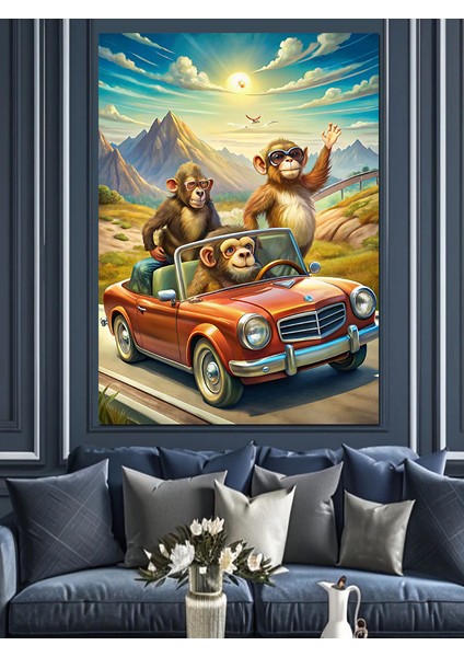 Araba Kullanan Maymunlar Dekoratif Kanvas - Mdf Ahşap Tablo modelleri