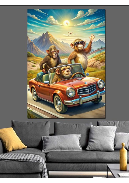 Araba Kullanan Maymunlar Dekoratif Kanvas - Mdf Ahşap Tablo fırsatları