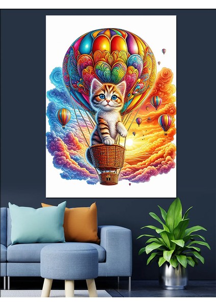 Uçan Balon ve Yavru Kedi Dekoratif Kanvas - Mdf Ahşap Tablo