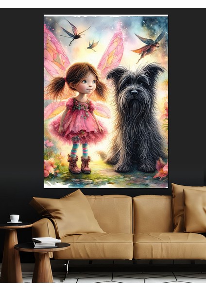 Kelebek Kanatlı Kız ve Köpeği Dekoratif Kanvas - Mdf Ahşap Tablo