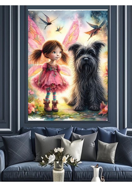 Kelebek Kanatlı Kız ve Köpeği Dekoratif Kanvas - Mdf Ahşap Tablo