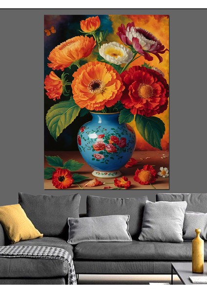 Renkli Çiçekler ve Vazo Dekoratif Kanvas - Mdf Ahşap Tablo