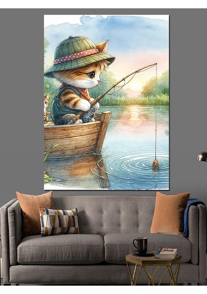 Gölde Balık Tutan Yavru Kedi Dekoratif Kanvas - Mdf Ahşap Tablo