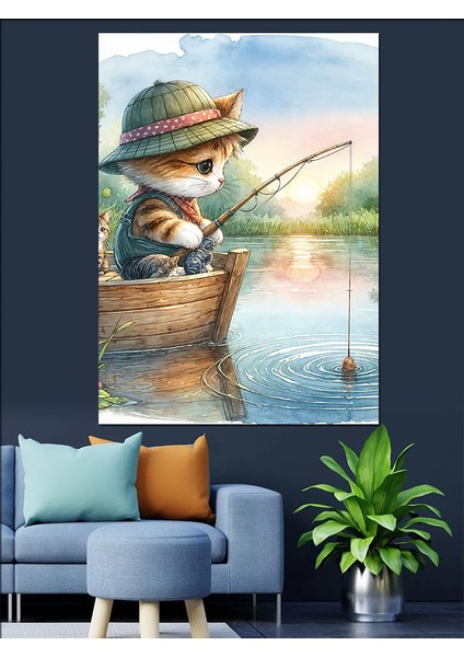 Gölde Balık Tutan Yavru Kedi Dekoratif Kanvas - Mdf Ahşap Tablo fiyatları