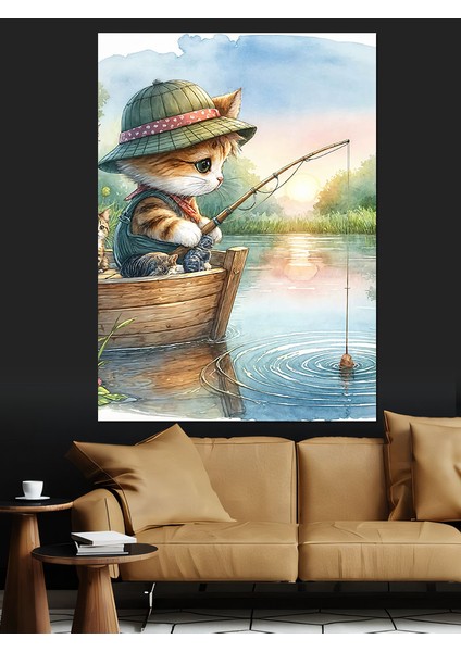 Gölde Balık Tutan Yavru Kedi Dekoratif Kanvas - Mdf Ahşap Tablo modelleri