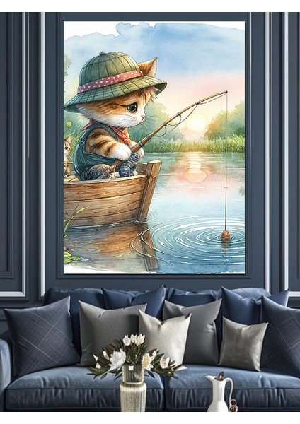 Gölde Balık Tutan Yavru Kedi Dekoratif Kanvas - Mdf Ahşap Tablo fırsatları