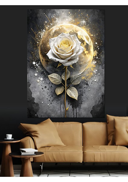 Beyaz Gül ve Ay Dekoratif Kanvas - Mdf Ahşap Tablo