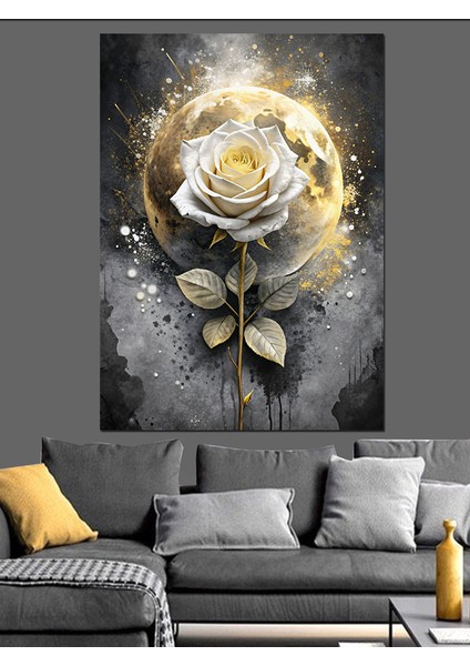 Beyaz Gül ve Ay Dekoratif Kanvas - Mdf Ahşap Tablo modelleri