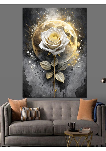 Beyaz Gül ve Ay Dekoratif Kanvas - Mdf Ahşap Tablo fırsatları