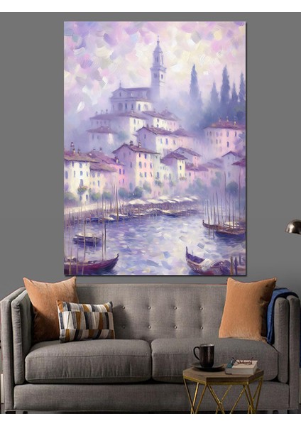 Nehir Kenarındaki Kasaba Dekoratif Kanvas - Mdf Ahşap Tablo