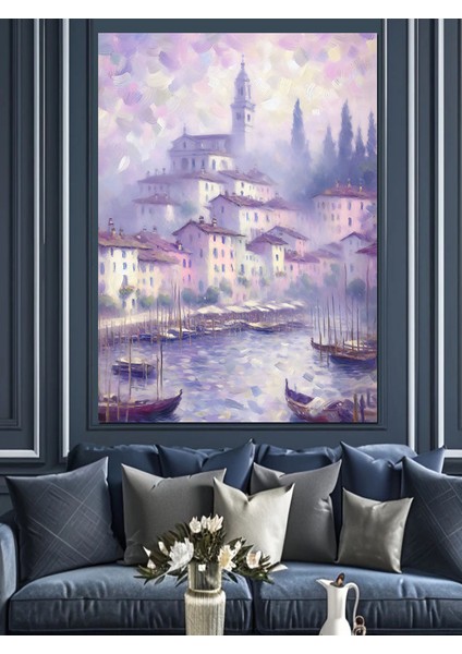 Nehir Kenarındaki Kasaba Dekoratif Kanvas - Mdf Ahşap Tablo fırsatları