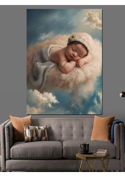 Bulutların Üstünde Uyuyan Bebek Dekoratif Kanvas - Mdf Ahşap Tablo