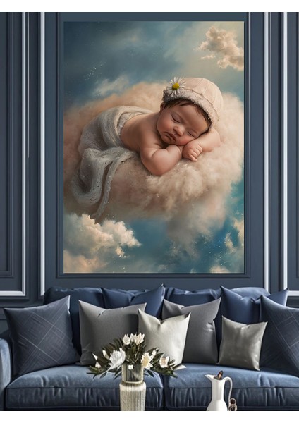 Bulutların Üstünde Uyuyan Bebek Dekoratif Kanvas - Mdf Ahşap Tablo fırsatları
