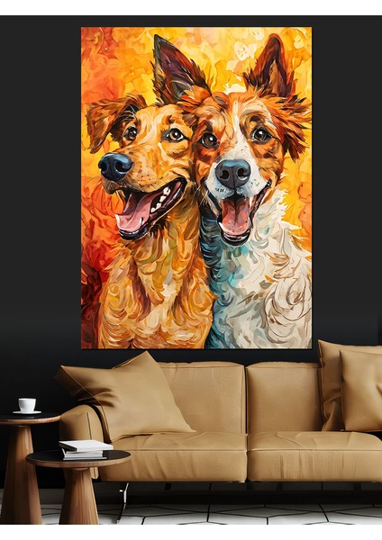 Sevimli Köpekler ve Sarı Fon Dekoratif Kanvas - Mdf Ahşap Tablo