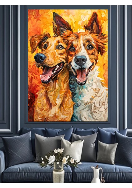 Sevimli Köpekler ve Sarı Fon Dekoratif Kanvas - Mdf Ahşap Tablo