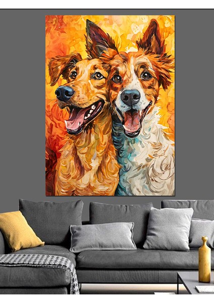 Sevimli Köpekler ve Sarı Fon Dekoratif Kanvas - Mdf Ahşap Tablo