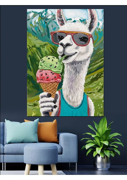 Dondurma Yiyen Gözlüklü Lama Dekoratif Kanvas - Mdf Ahşap Tablo