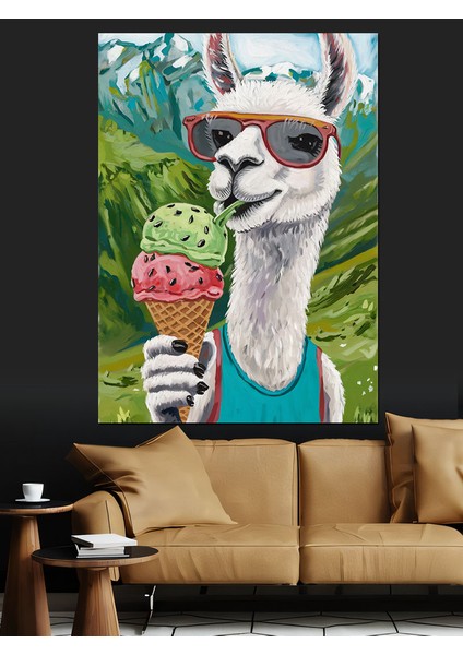 Dondurma Yiyen Gözlüklü Lama Dekoratif Kanvas - Mdf Ahşap Tablo fiyatları