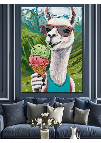 Dondurma Yiyen Gözlüklü Lama Dekoratif Kanvas - Mdf Ahşap Tablo modelleri