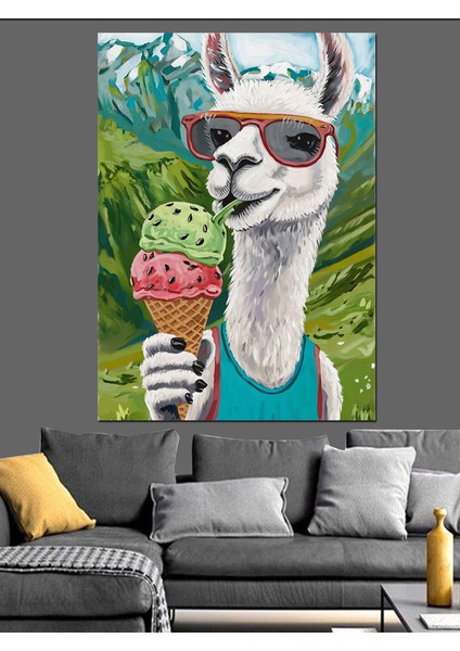 Dondurma Yiyen Gözlüklü Lama Dekoratif Kanvas - Mdf Ahşap Tablo fırsatları