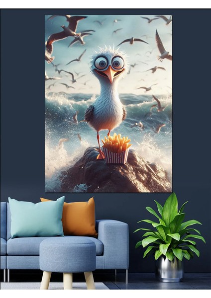 Patates Kızartması Yiyen Kuş Dekoratif Kanvas - Mdf Ahşap Tablo