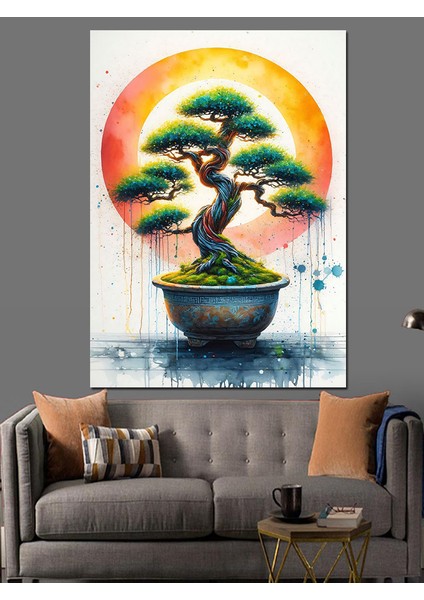 Vazodaki Ağaç ve Güneş Dekoratif Kanvas - Mdf Ahşap Tablo