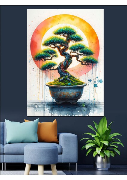 Vazodaki Ağaç ve Güneş Dekoratif Kanvas - Mdf Ahşap Tablo fiyatları