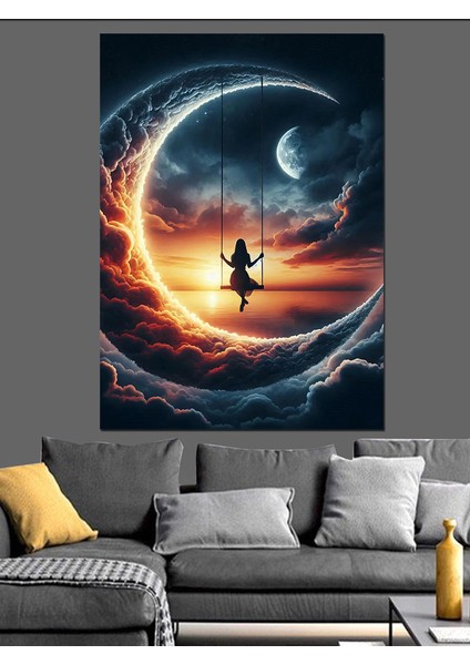 Bulutların Üstünde Sallanan Kız Dekoratif Kanvas - Mdf Ahşap Tablo