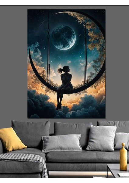 Bulutların Üstünde Sallanan Kız Dekoratif Kanvas - Mdf Ahşap Tablo fırsatları