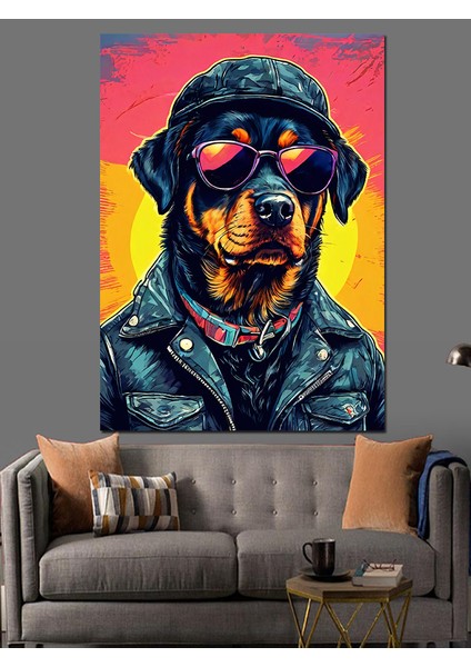 Deri Ceketli Karizmatik Rottweiler Dekoratif Kanvas - Mdf Ahşap Tablo