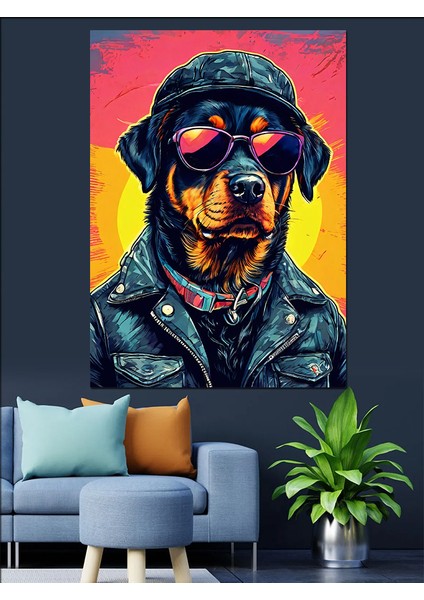 Deri Ceketli Karizmatik Rottweiler Dekoratif Kanvas - Mdf Ahşap Tablo